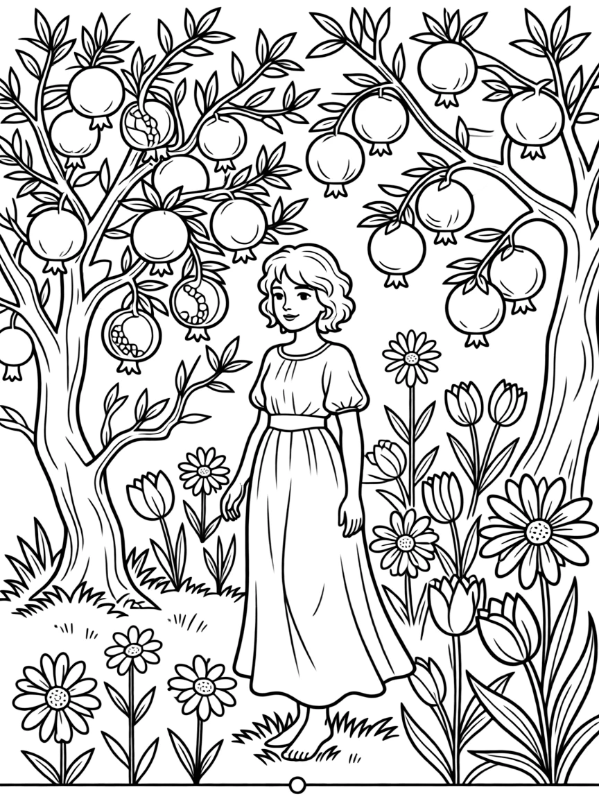 Persephone in the underworld garden, with pomegranates and flowers showing her dual seasonal nature