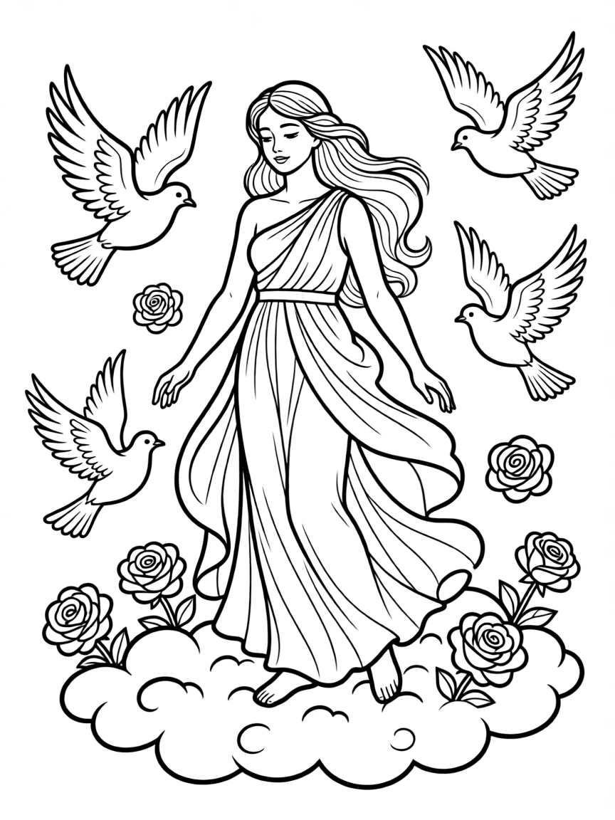 Aphrodite rising from sea foam, with doves and roses surrounding the goddess of love and beauty