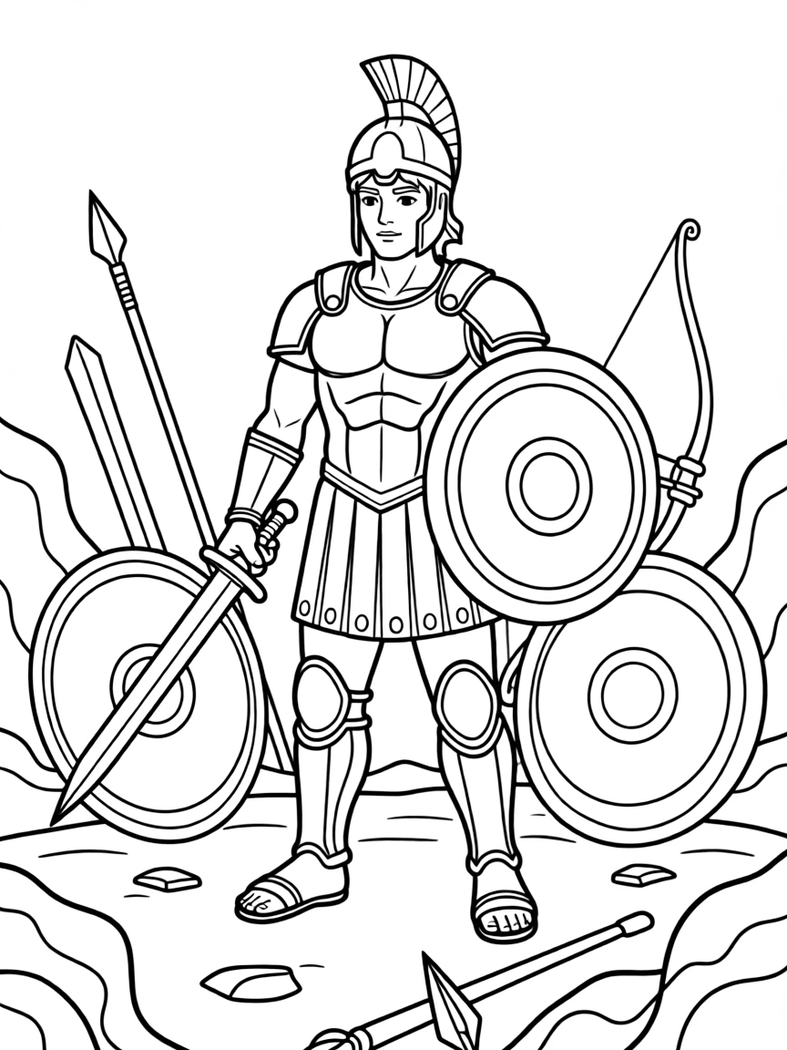 Ares the god of war in full battle armor, with weapons and shields scattered across ancient battlefields