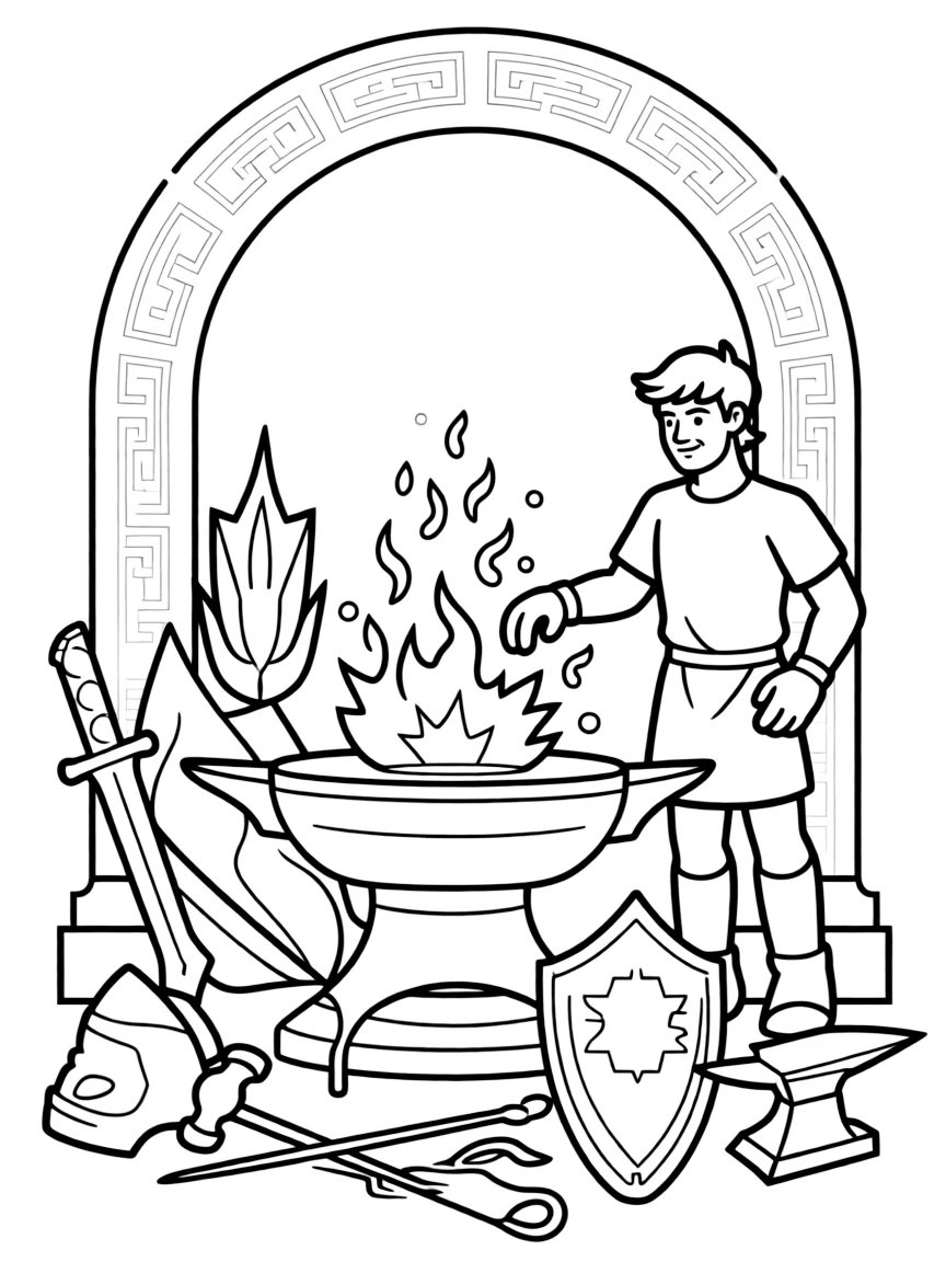 Hephaestus working at his divine forge, creating magical items with fire and molten metal everywhere