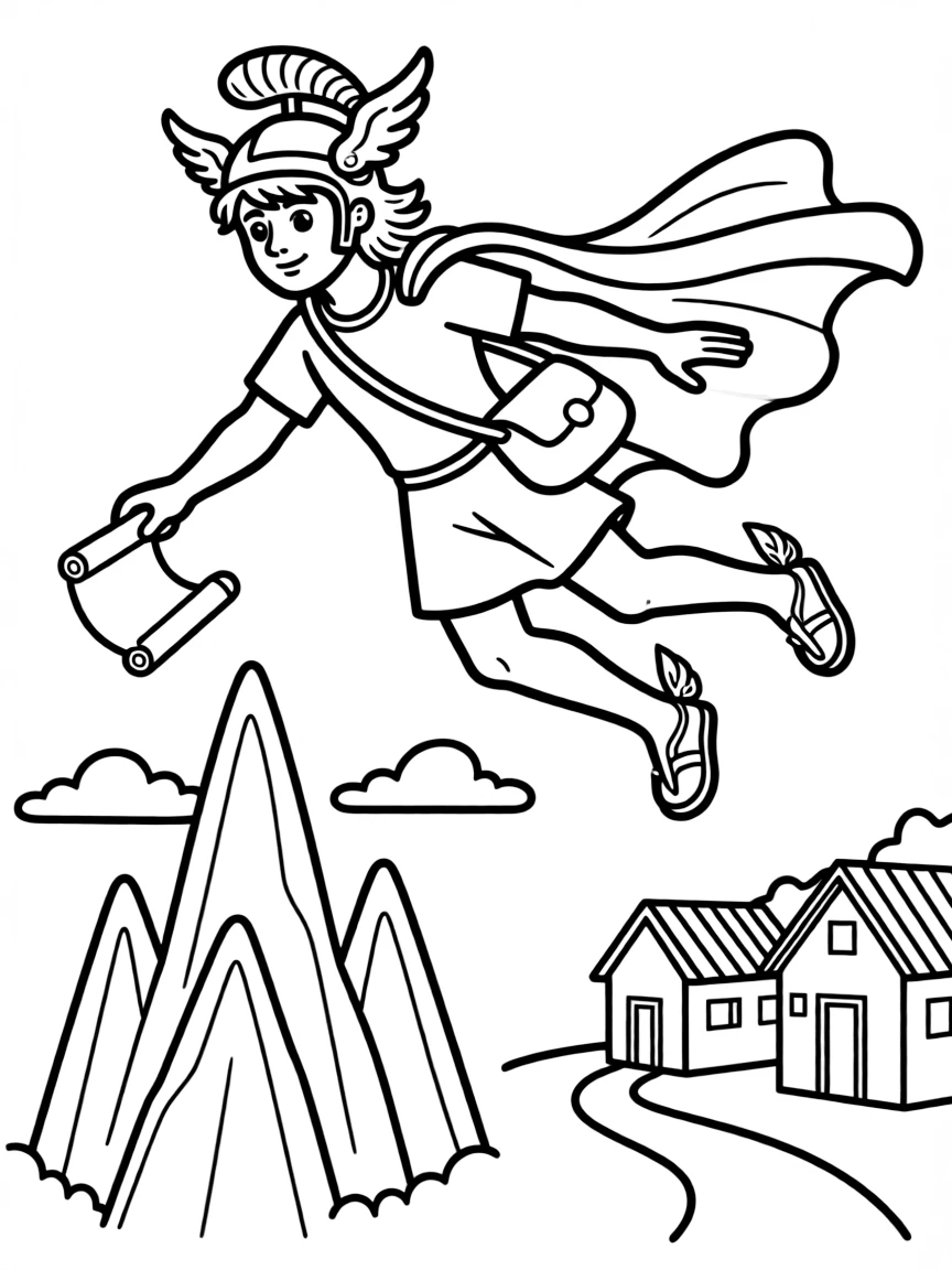 Hermes with his winged sandals delivering messages, flying between Mount Olympus and the mortal world