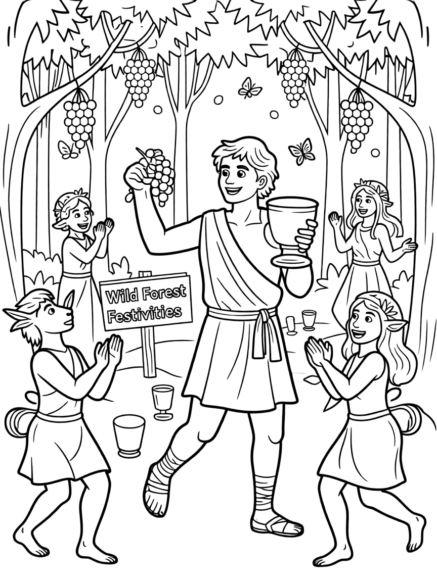 Dionysus celebrating with grapes and wine, surrounded by satyrs and maenads in wild forest festivities