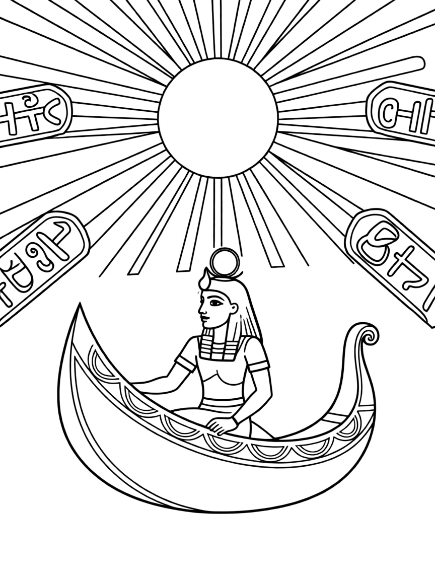 Egyptian god Ra sailing across the sky in his solar barge, with the sun disk and hieroglyphs around