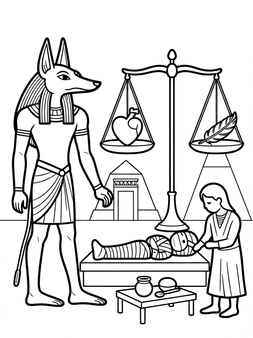 Anubis weighing hearts against feathers in the afterlife, with Egyptian tombs and mummification scenes