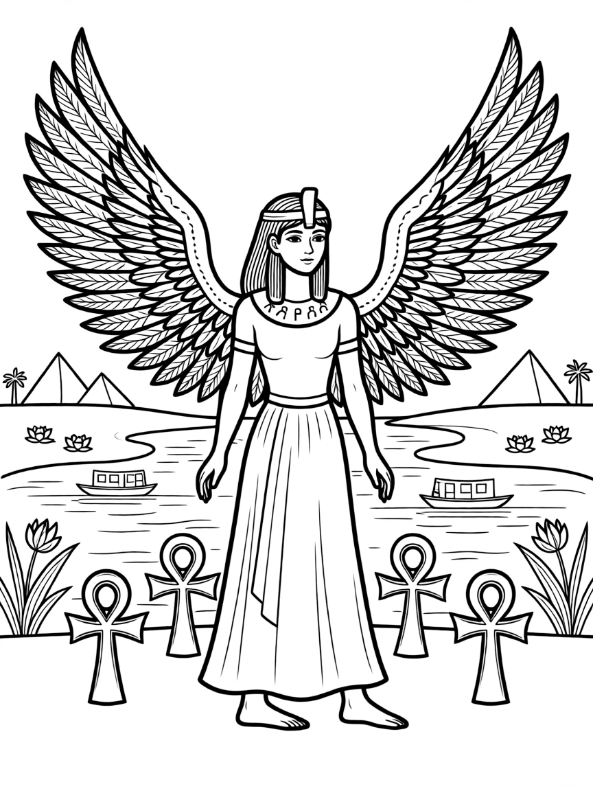 Isis spreading her protective wings, with ankh symbols and Nile River scenes showing ancient Egypt