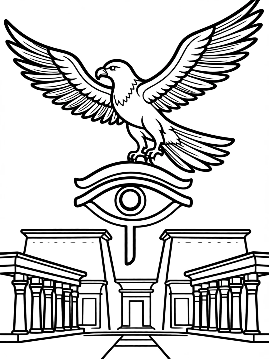 Horus the falcon-headed god soaring over Egyptian temples, with the Eye of Horus prominently displayed