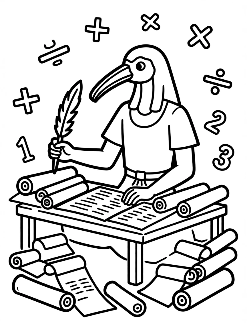 Thoth the ibis-headed god of wisdom writing with his quill, surrounded by scrolls and mathematical symbols