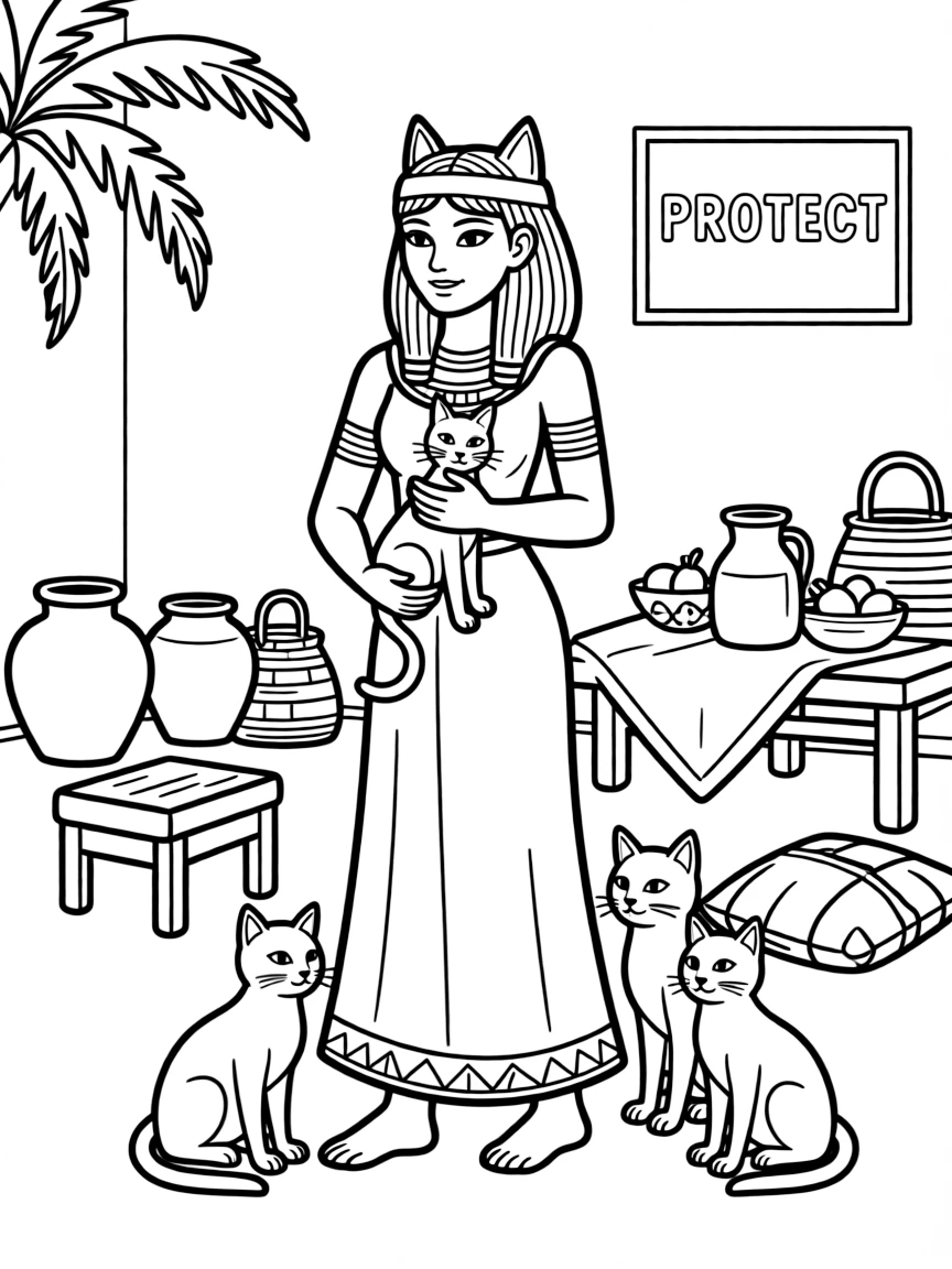 Bastet the cat goddess protecting families, with Egyptian cats and household scenes in ancient settings