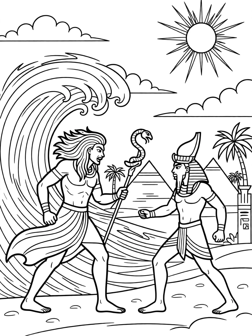 Set the god of chaos battling Horus, with desert storms and Egyptian mythology scenes in background