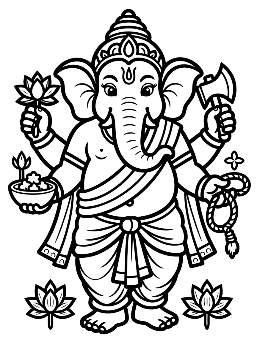 Hindu god Ganesha removing obstacles, with his elephant head and multiple arms holding sacred objects