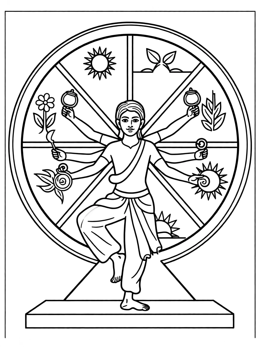 Shiva dancing the cosmic dance, with multiple arms and the wheel of time showing creation and destruction