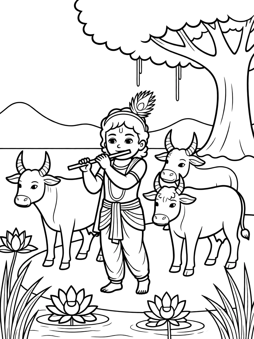 Krishna playing his flute while herding cows, with peacock feathers and lotus flowers in Indian landscapes