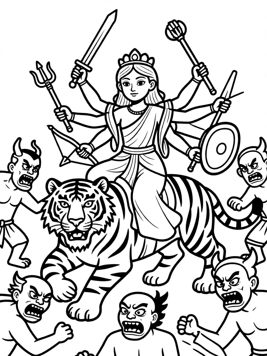 Durga riding her tiger into battle, with multiple arms holding weapons and defeating evil demons
