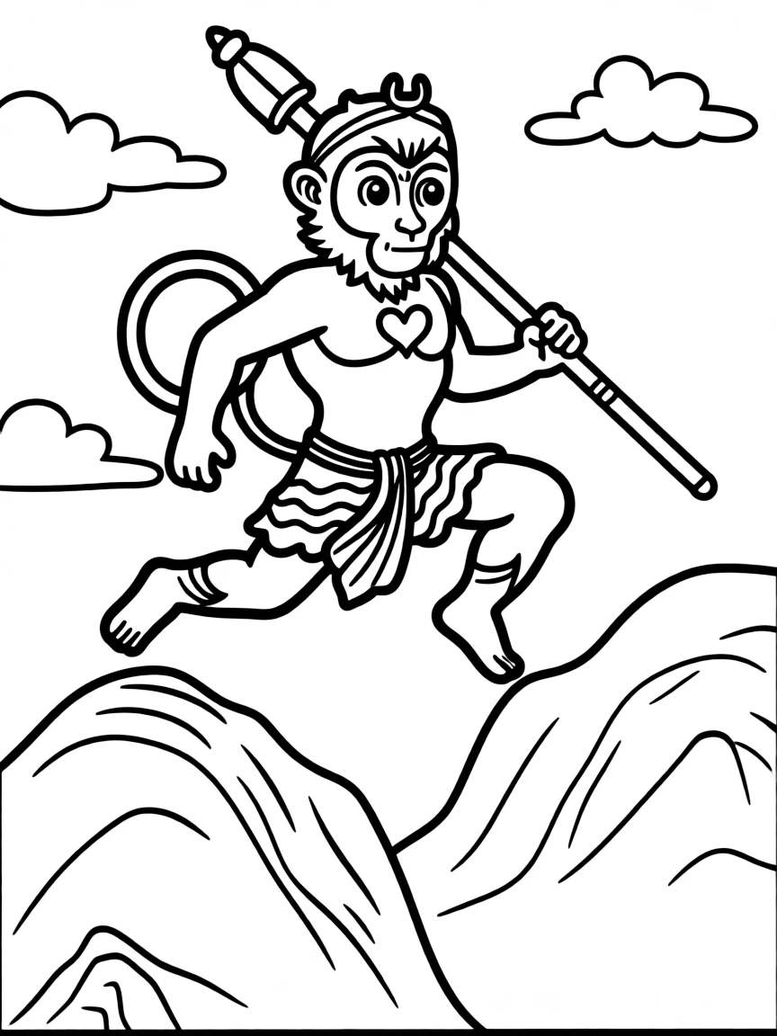 Hanuman the monkey god showing his strength, leaping across mountains with his mace and devotional heart
