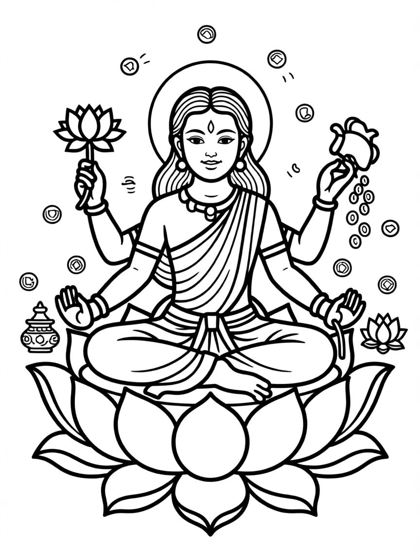 Lakshmi sitting on lotus flowers, with gold coins and symbols of prosperity floating around her