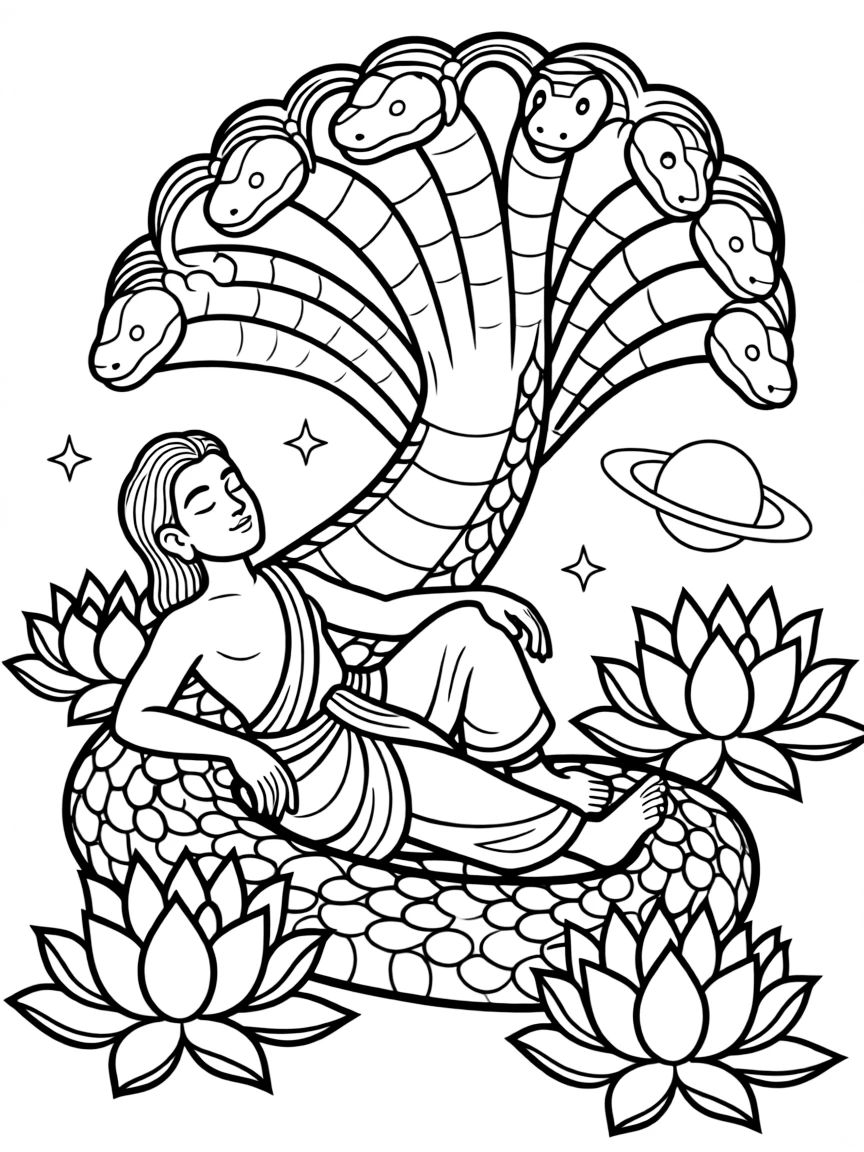 Vishnu resting on the cosmic serpent, with lotus flowers and the preservation of the universe shown