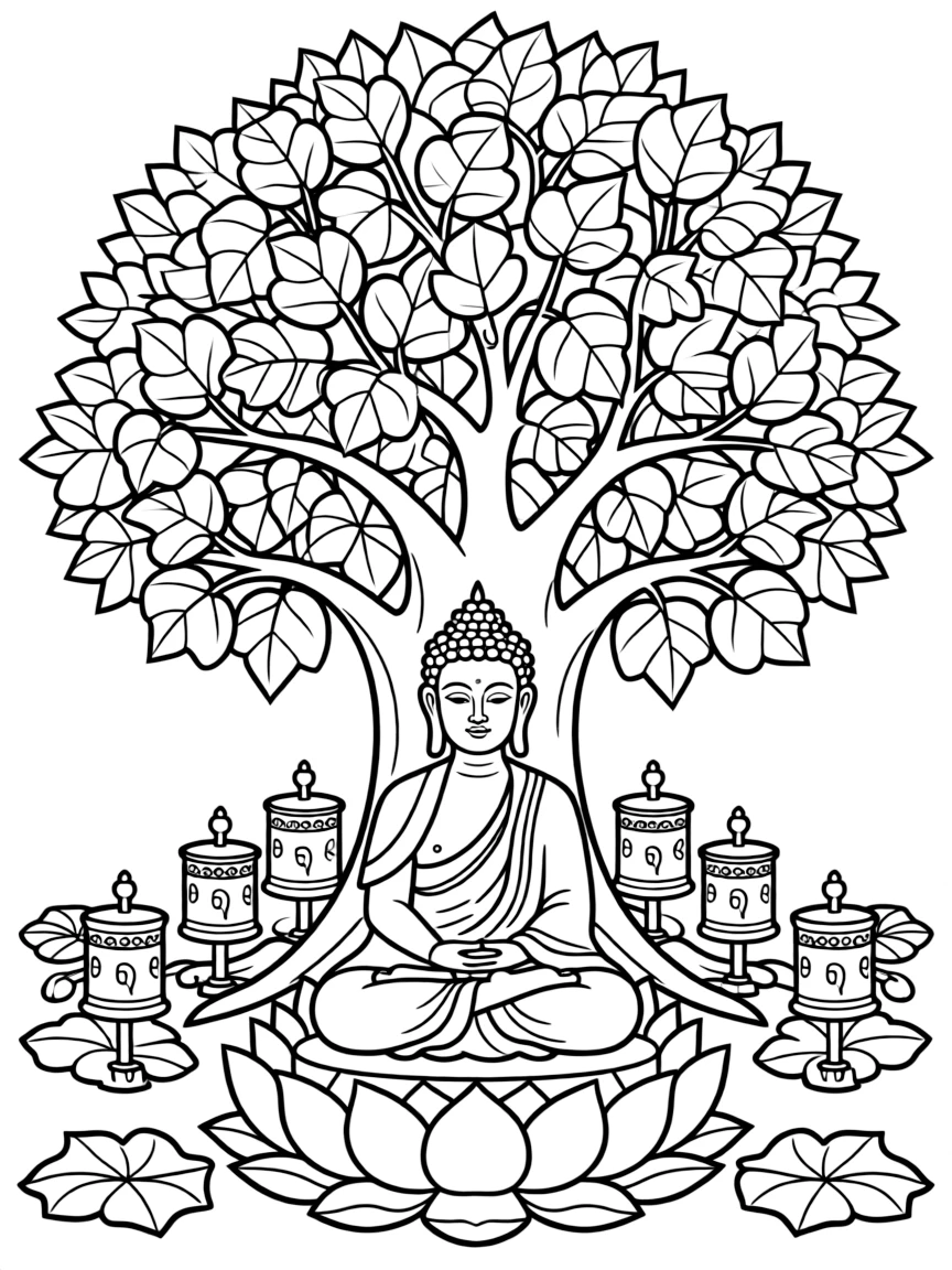 Buddha meditating under the Bodhi tree, with prayer wheels and lotus petals creating peaceful atmosphere