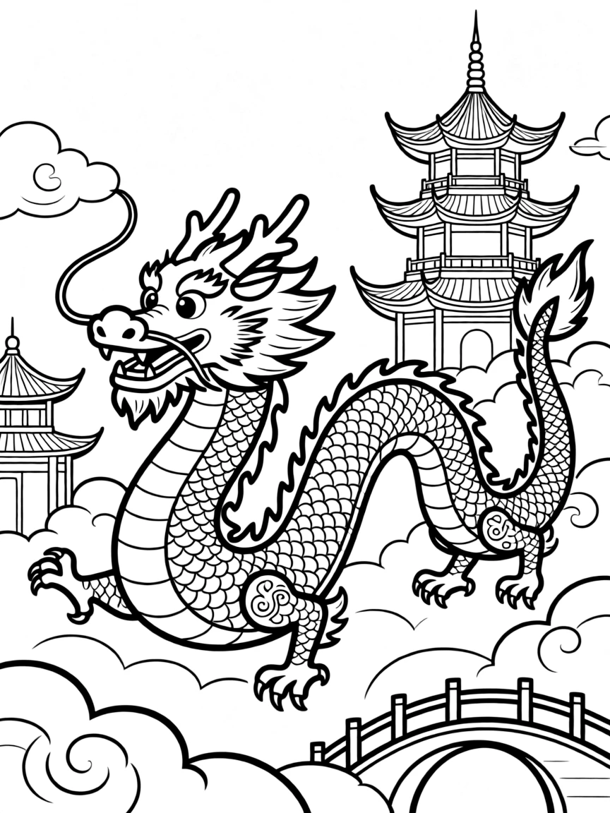 Chinese dragon dancing through clouds, with its long serpentine body and traditional Chinese architecture