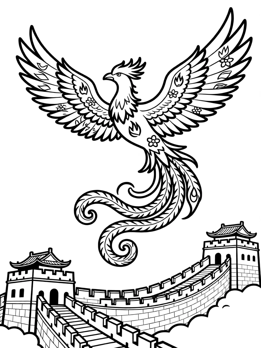 Phoenix flying over the Great Wall of China, with its colorful feathers and symbols of rebirth and renewal