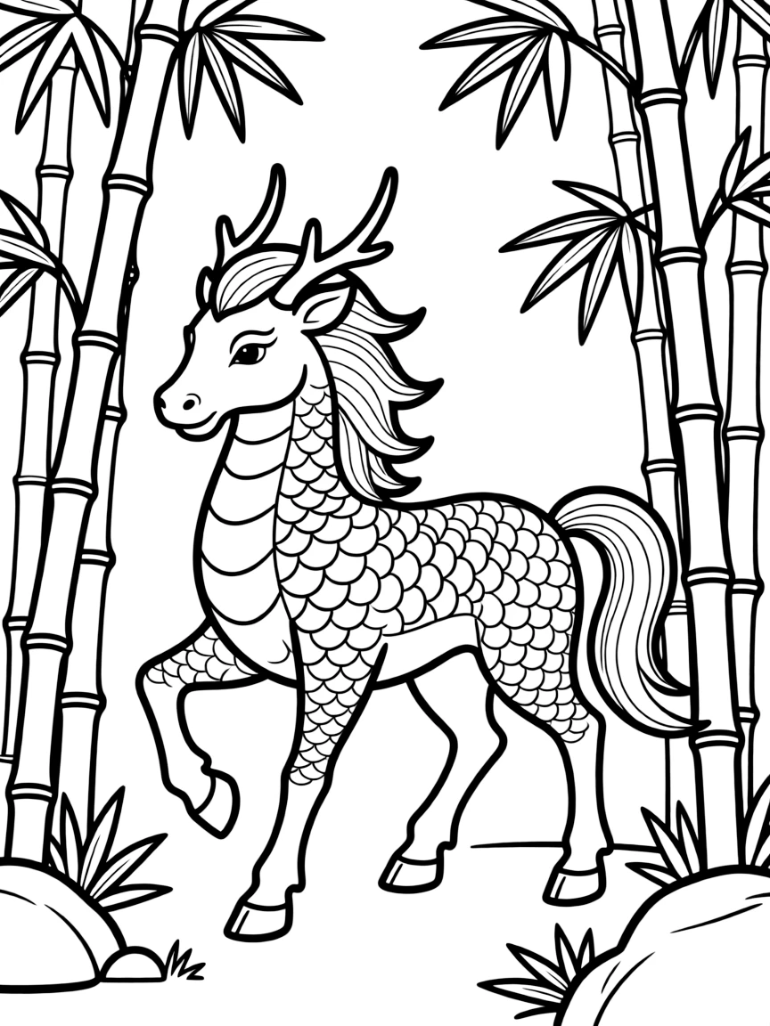 Kirin (Chinese unicorn) walking through bamboo forests, with its scaled body and benevolent nature shown