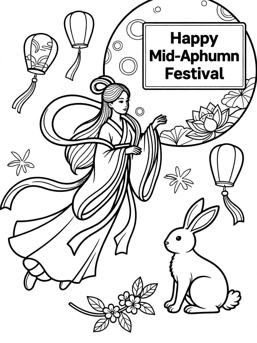 Chinese goddess Chang'e floating to the moon, with her rabbit companion and Mid-Autumn Festival elements