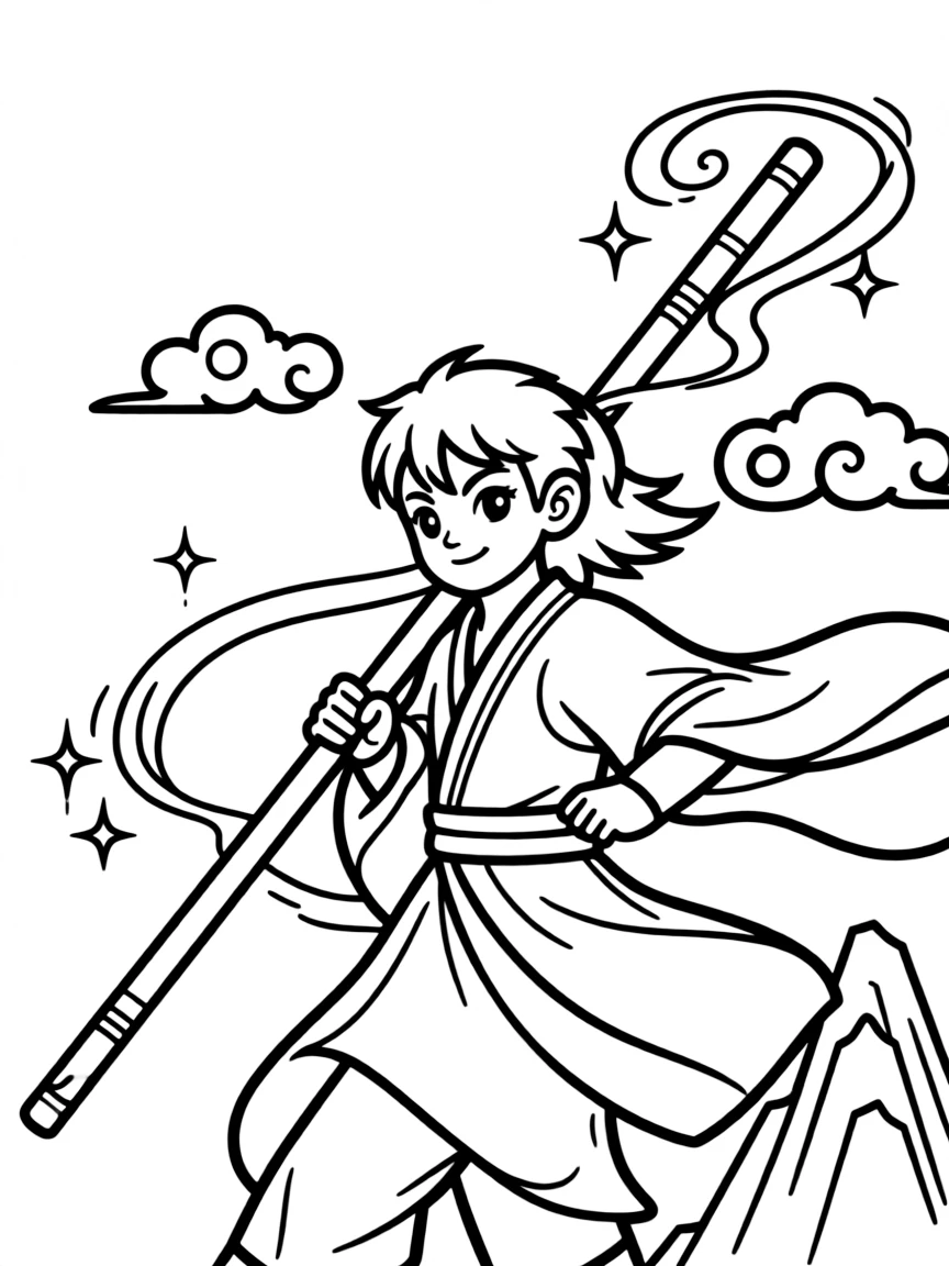 Monkey King Sun Wukong with his staff, showing his magical abilities and Journey to the West adventures