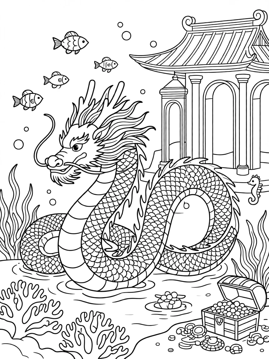Japanese dragon Ryujin in his underwater palace, with sea creatures and treasure chambers around him