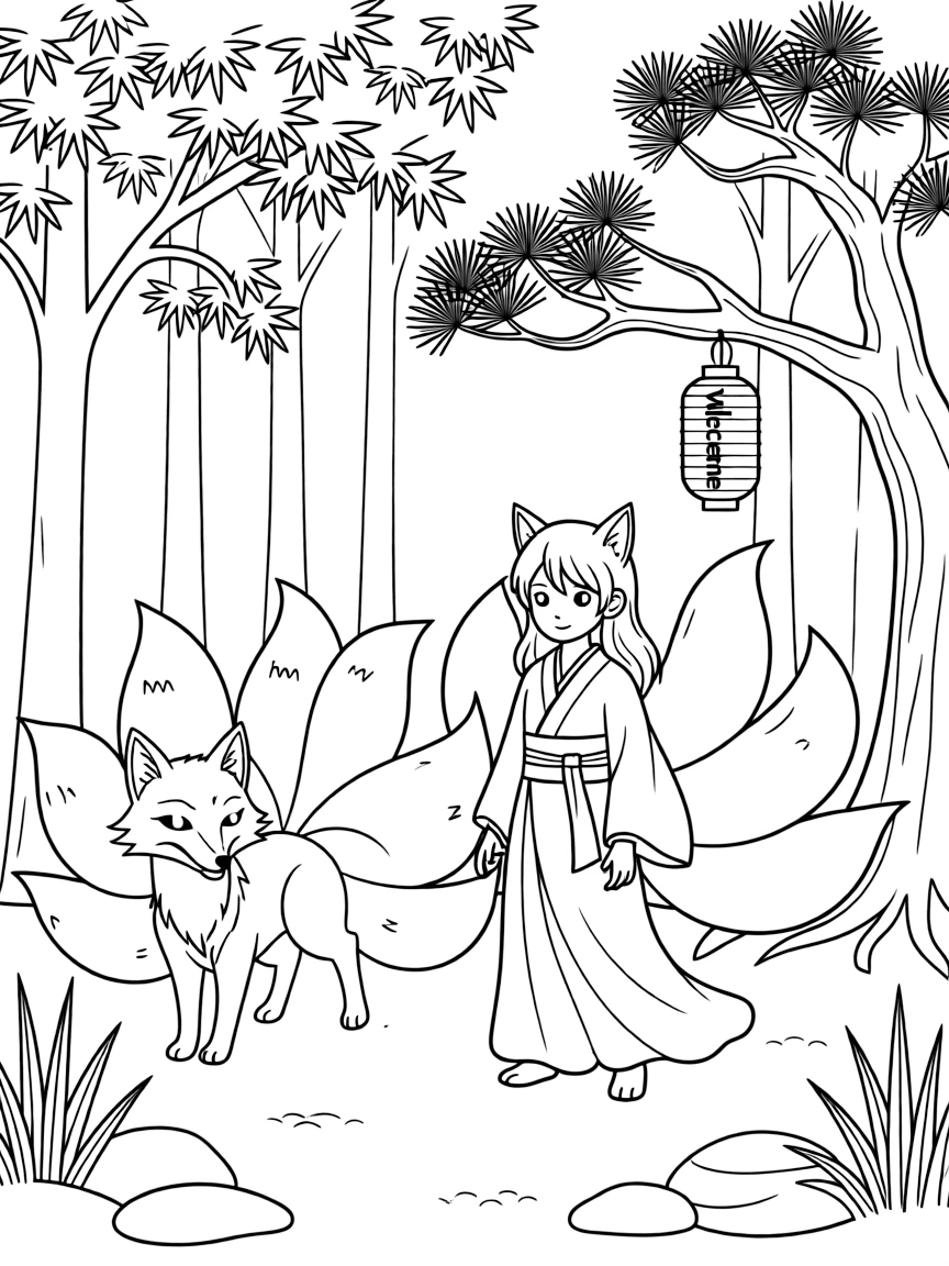 Kitsune fox spirits with multiple tails, showing their shapeshifting abilities in Japanese forest settings