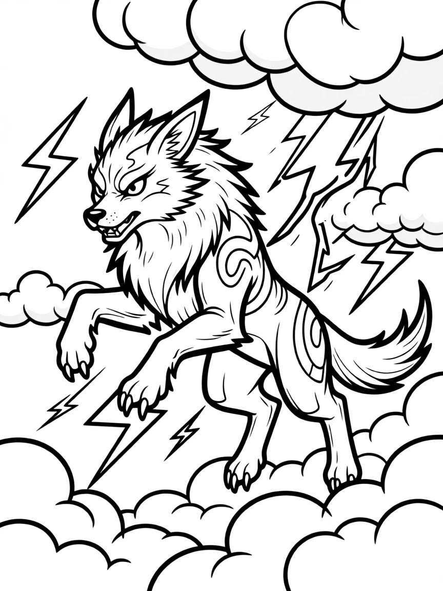 Raiju thunder beast leaping through storm clouds, with lightning crackling around its wolf-like form