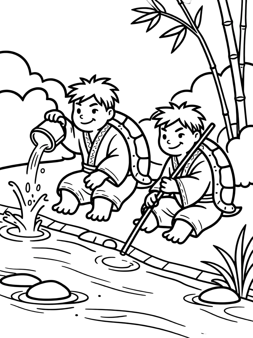 Kappa water creatures by Japanese rivers, with their turtle-like shells and mischievous water games