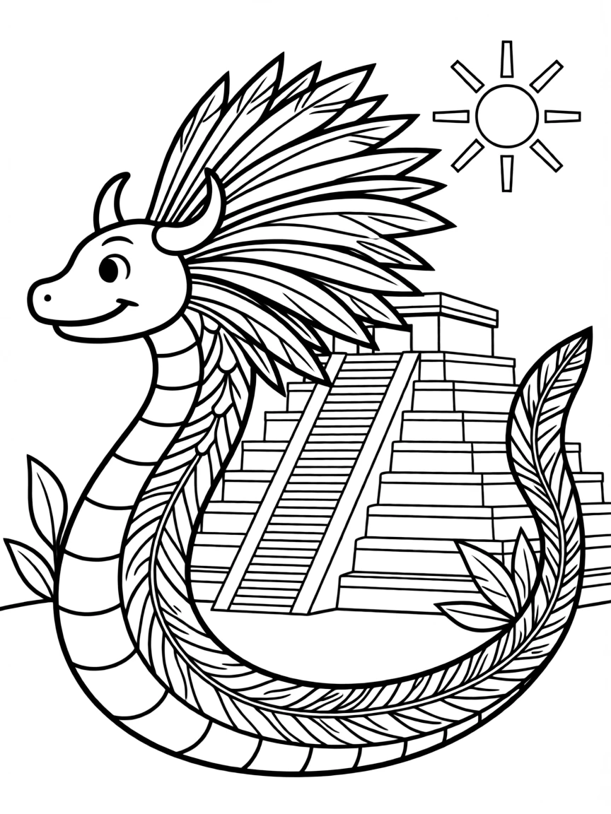 Aztec god Quetzalcoatl the feathered serpent, with colorful plumes and Mesoamerican pyramid backgrounds