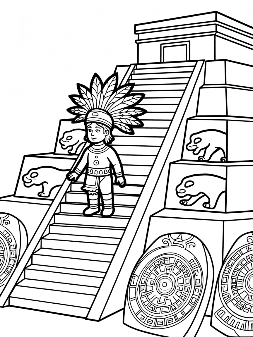 Mayan god Kukulkan descending pyramid steps, with jaguar motifs and ancient calendar stones around