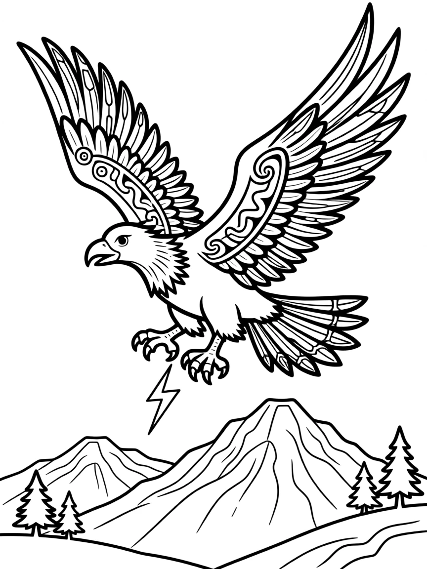 Native American thunderbird soaring over mountains, with lightning in its talons and tribal designs