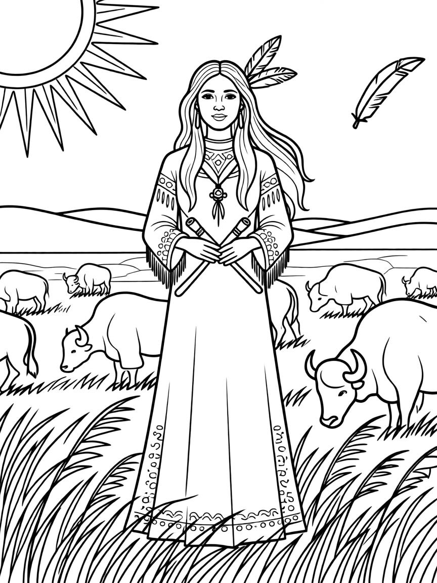 White Buffalo Woman bringing sacred pipes, with buffalo herds and plains Indian spiritual symbolism