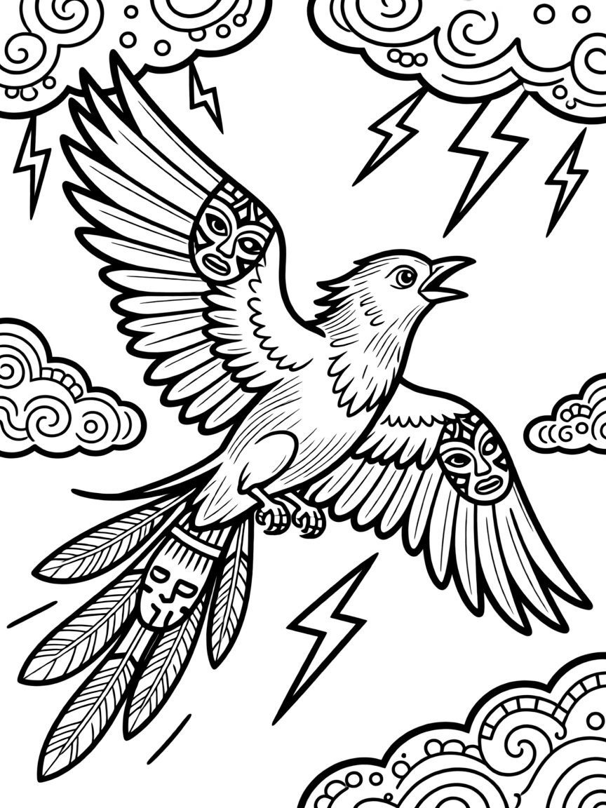 African lightning bird creating storms, with traditional masks and tribal artwork incorporated throughout