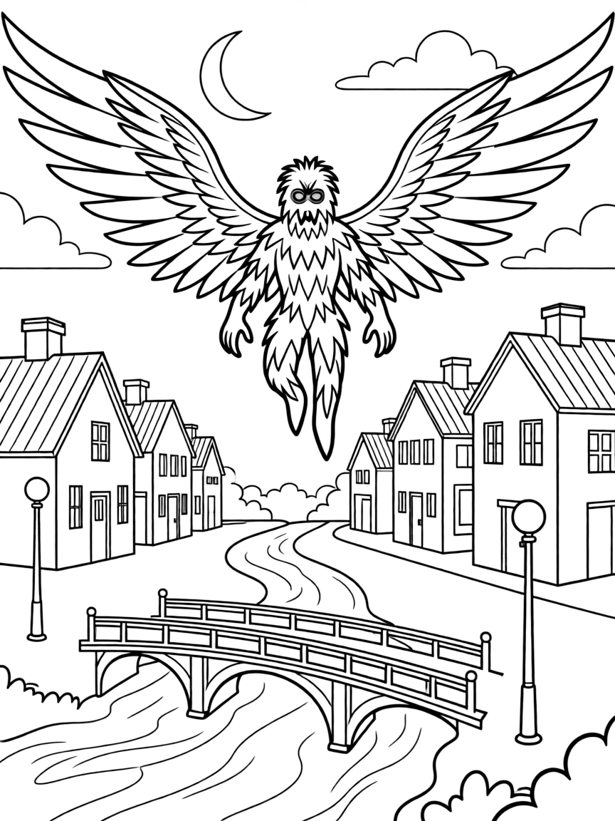 Mothman with glowing red eyes flying over small town, with bridge and urban legend atmosphere