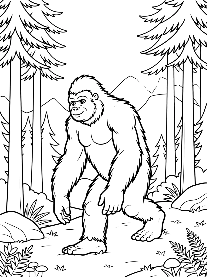 Bigfoot walking through Pacific Northwest forest, with tall evergreen trees and misty mountain atmosphere