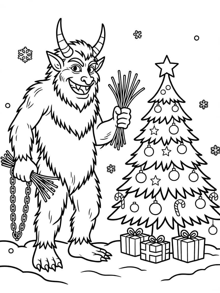 Krampus during winter holidays, with chains and switches, contrasting with Christmas decorations nearby