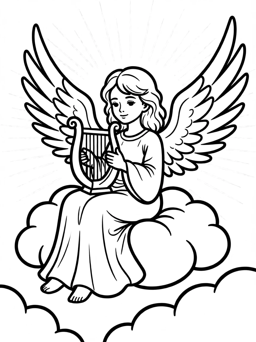 Angel with white wings playing harp in heavenly clouds, with golden light and peaceful celestial atmosphere
