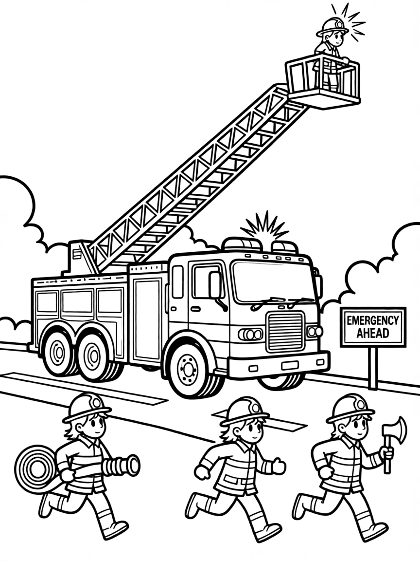 Fire truck racing to emergency with ladder extended, sirens blazing, and firefighters ready for action