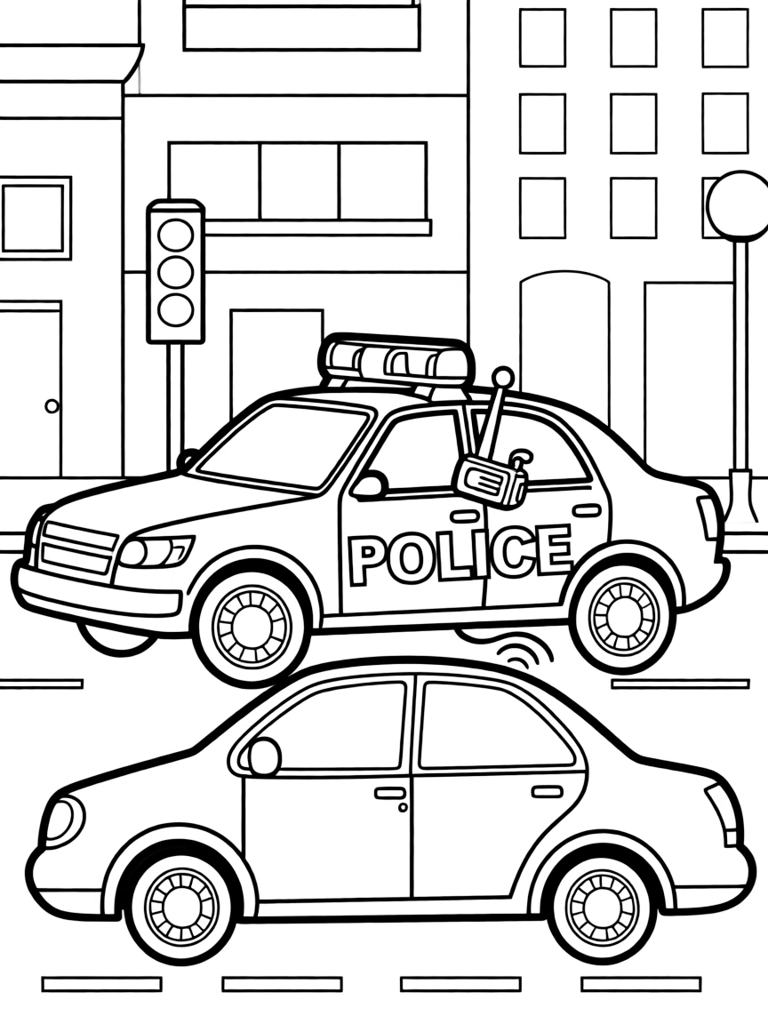 Police car chasing speeding vehicle through city streets with flashing lights and radio communication