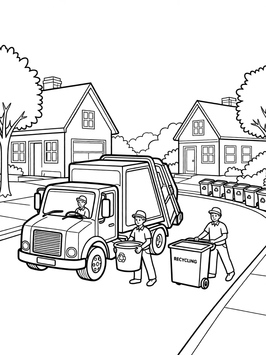 Garbage truck collecting trash on neighborhood street with sanitation workers and recycling bins nearby