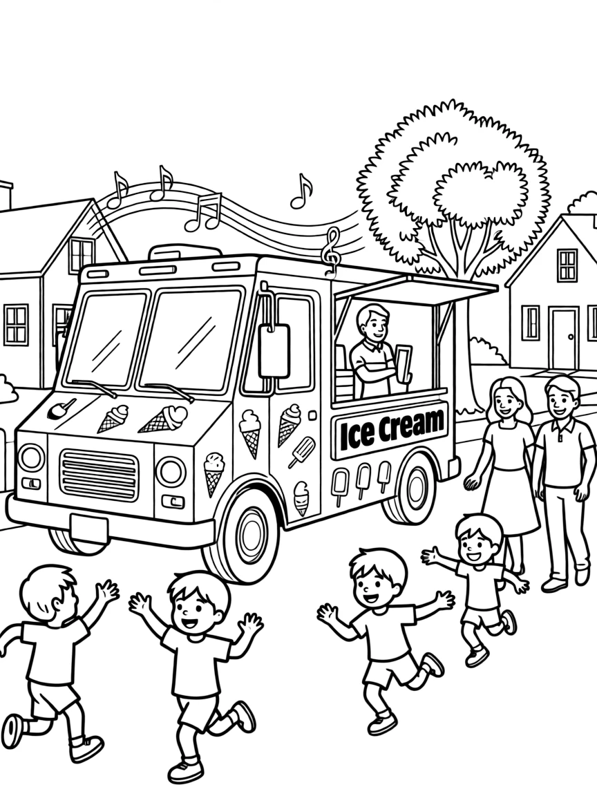 Ice cream truck playing music in residential area with children running excitedly and parents following