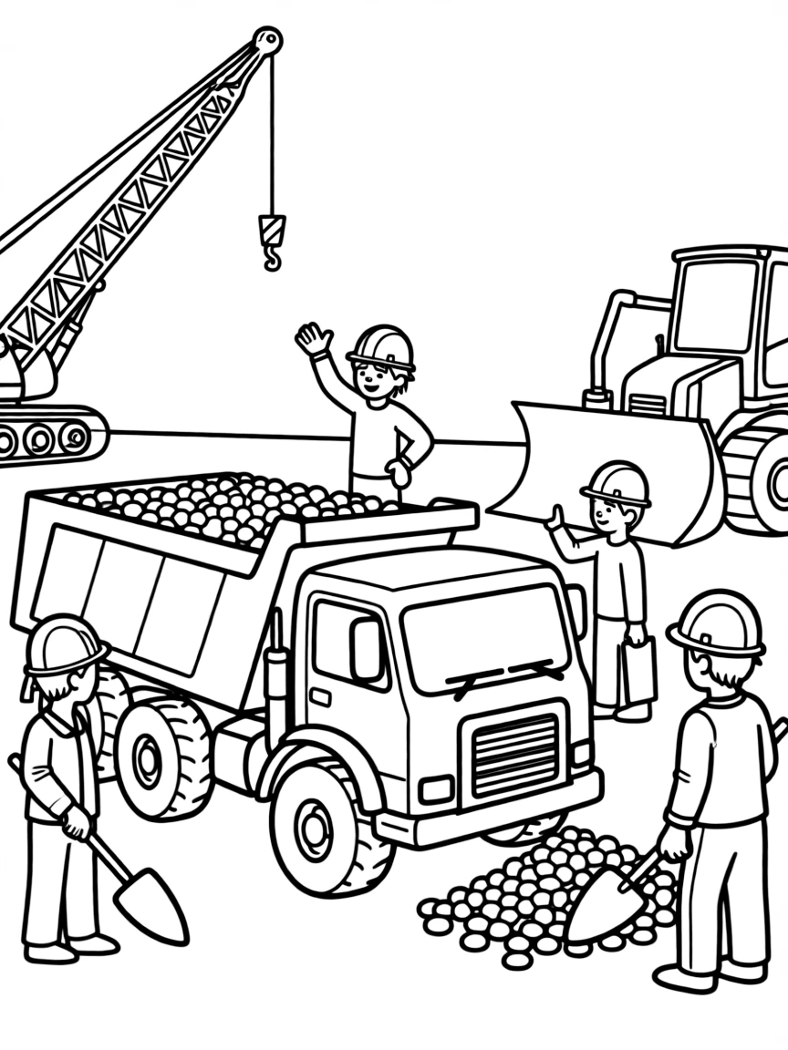Dump truck unloading gravel at construction site with hard hats, workers, and heavy machinery around