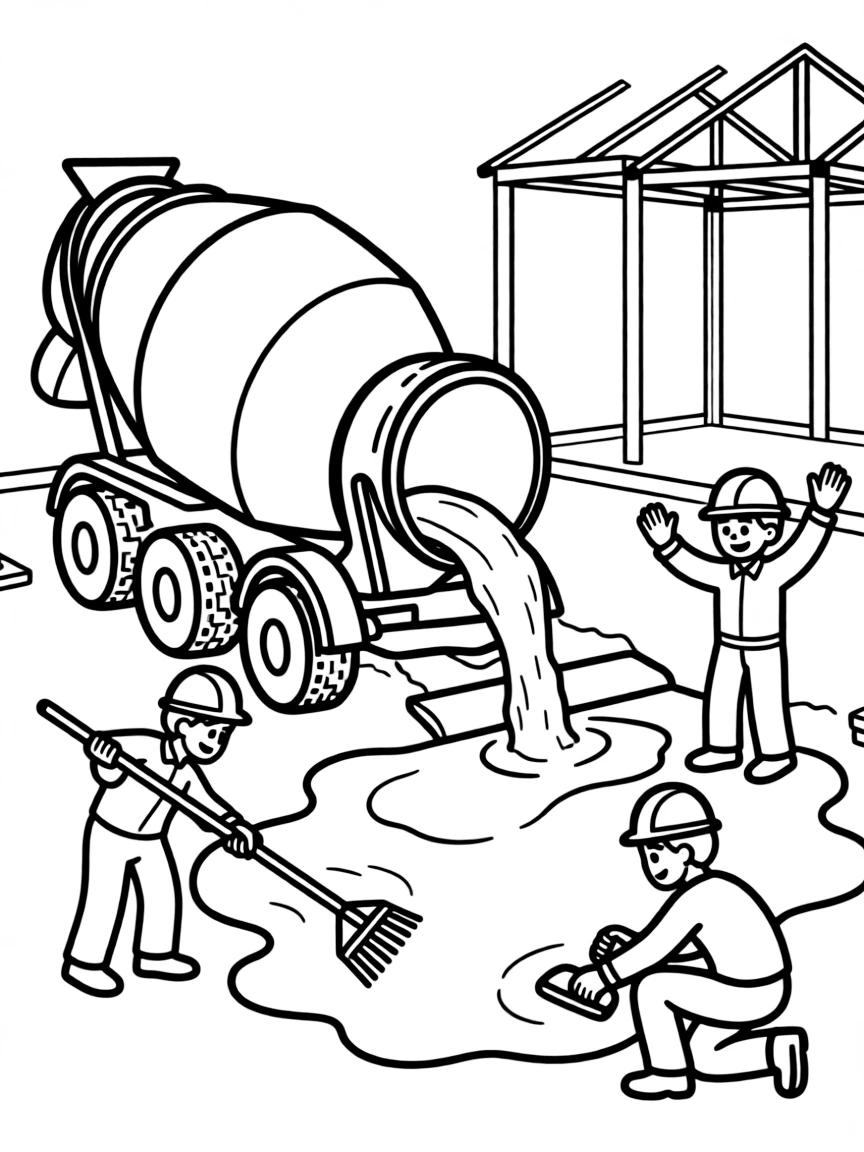 Cement mixer truck pouring concrete for new building foundation with construction workers guiding pour