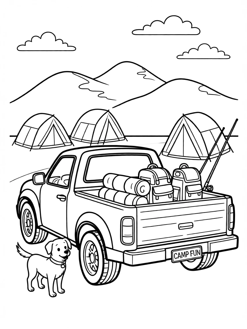 Pickup truck loaded with camping gear heading to mountains with tents, fishing poles, and family dog