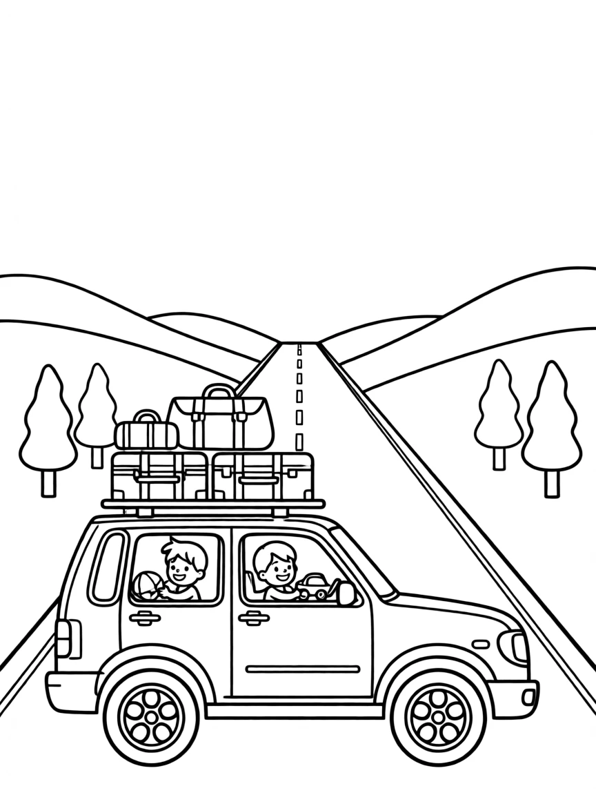 SUV family road trip with luggage on roof, kids playing inside, and scenic highway stretching ahead