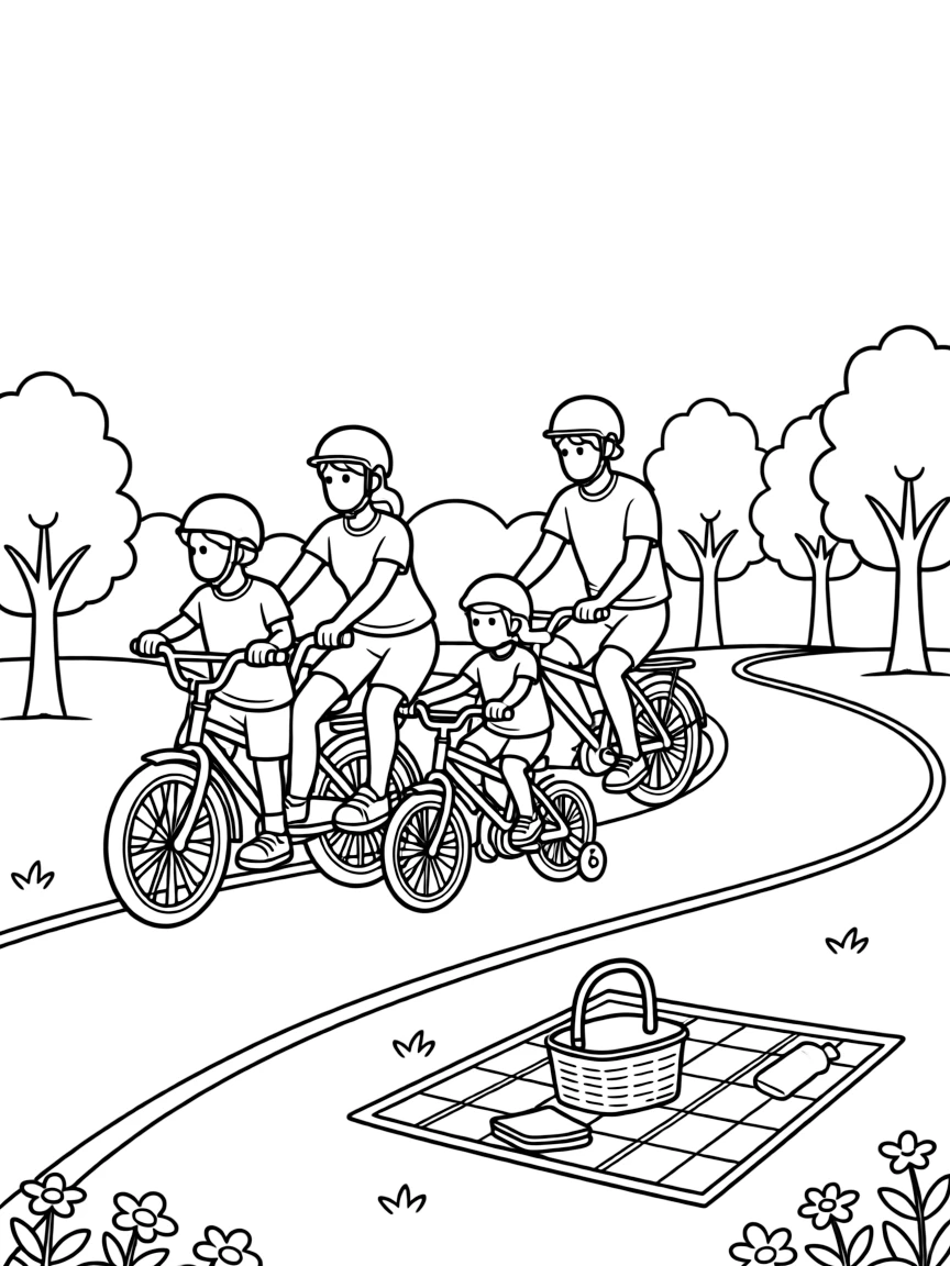 Bicycle family ride through park with helmets, training wheels on kids' bikes, and picnic supplies