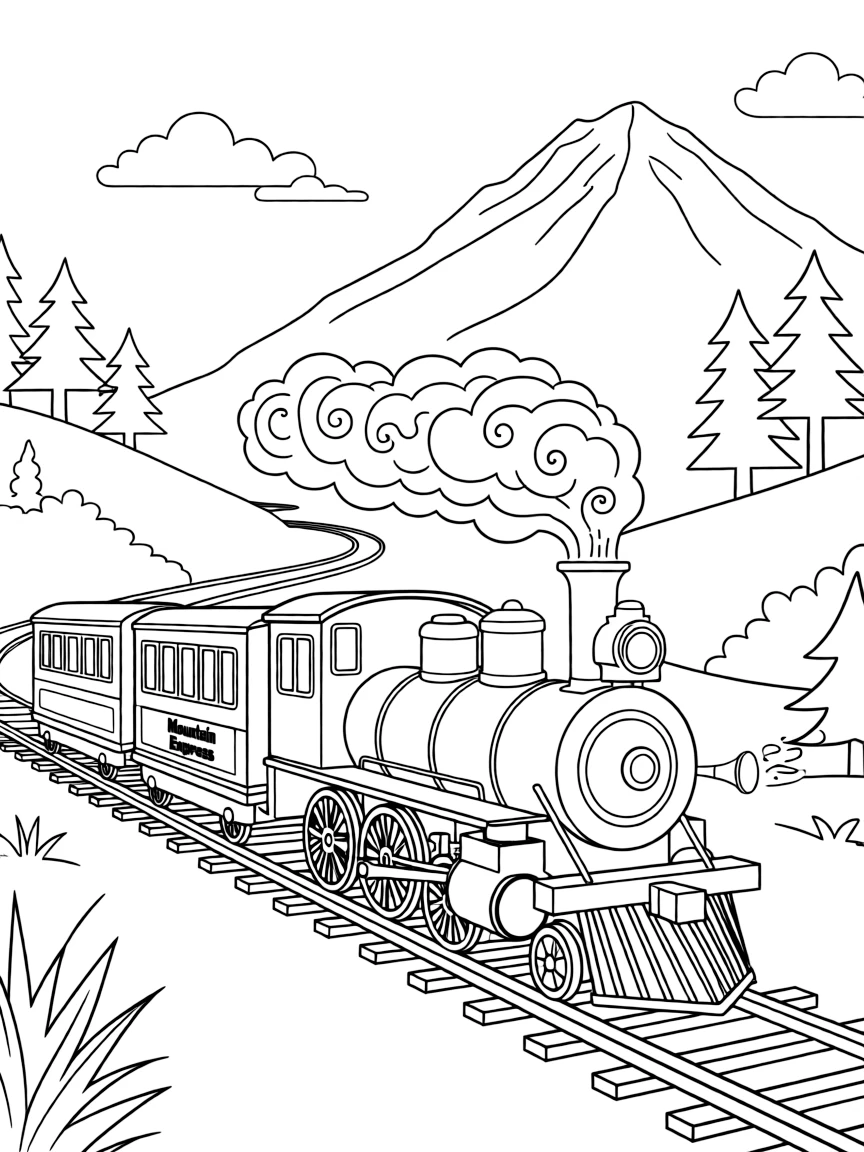 Steam locomotive pulling passenger cars through mountain valley with smoke billowing and whistle blowing