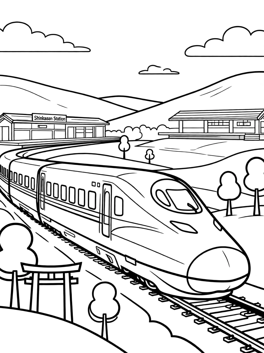 Bullet train speeding through Japanese countryside with aerodynamic design and modern train stations